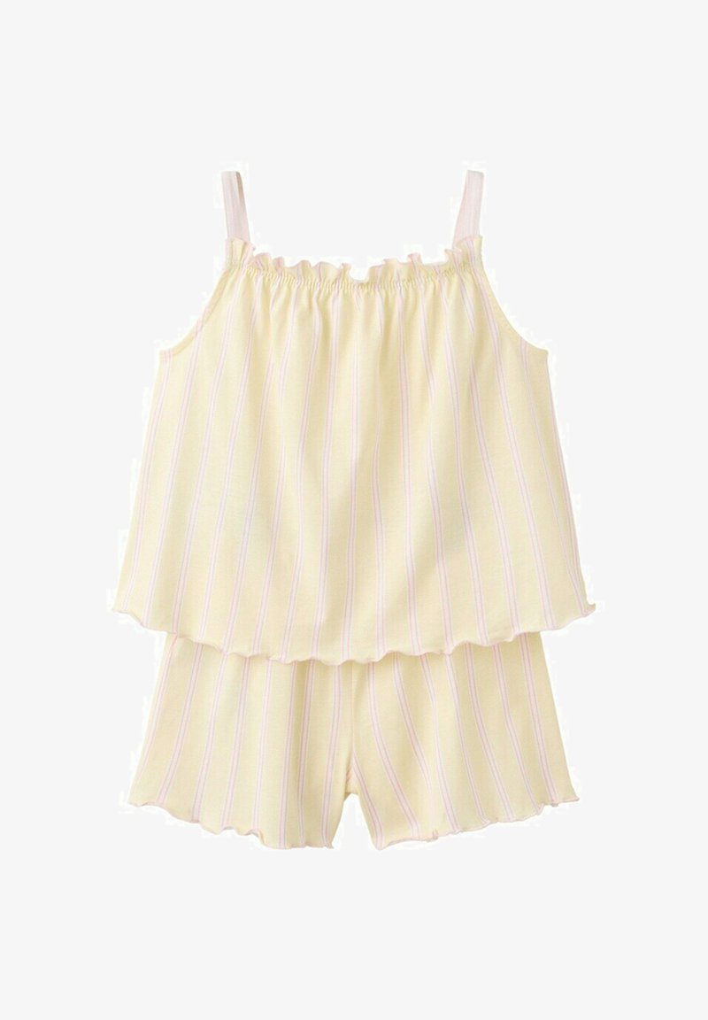 Haut sans manches rayé jaune et blanc avec encolure à volants et short assorti avec ourlets ondulés en tissu léger.