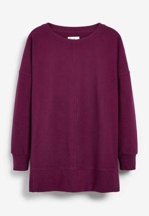 Bluza z długim rękawem i okrągłym dekoltem w głębokim fioletowym kolorze, z opuszczonymi ramionami oraz ściągaczami na mankietach i u dołu.