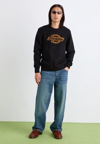 Svart genser med "Dickies"-logo i oransje, kombinert med lyseblå baggy jeans og brune snørestøvler. Modell iført solbriller.