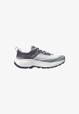 Chaussure de trail running blanche et grise avec des accents violet foncé, une semelle épaisse et le nom de la marque Millet sur le côté.