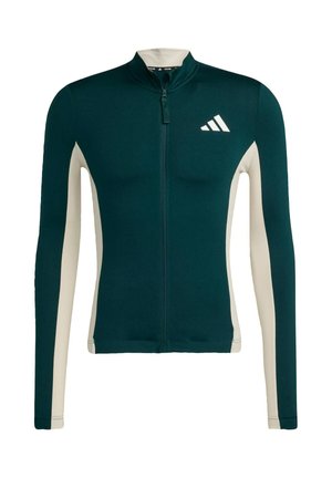 Long-sleeve athletic zip jacket in dark teal with off-white side panels. Features a stand-up collar and adidas logo on the chest.