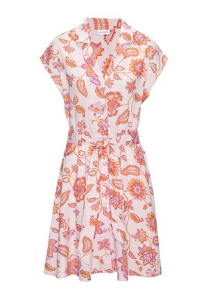 Šaty s knoflíkovou légou a krátkými rukávy, límcem, růžovo-oranžovým květinovým vzorem a látkovým páskem v pase.
