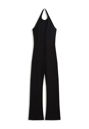 Sort halterneck jumpsuit med brede ben og subtil glimmerdetalje, lagt fladt på en hvid baggrund.