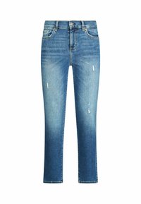 Jean en denim bleu avec un léger délavage sur les cuisses, de légères traces d'usure, cinq poches et des jambes droites, présenté sur fond blanc.