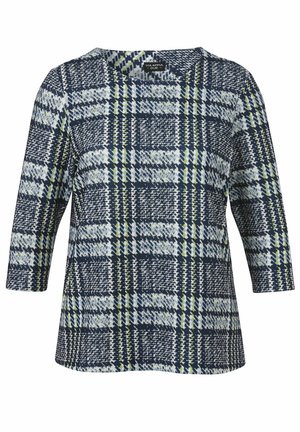 Long-sleeve women's top with navy, white, and light green plaid pattern and round neckline.