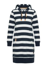 Langes Hoodie-Kleid mit horizontalen Streifen in Navy und Weiß, vorne mit Tasche, navyfarbigen Bündchen und orangen Kordel-Details.