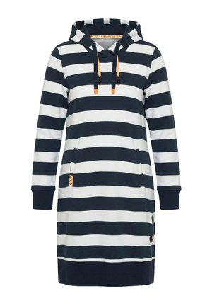 Długa bluza z kapturem w poziome paski w kolorze granatowym i białym, z przednią kieszenią, granatowymi mankietami i pomarańczowymi troczkami.