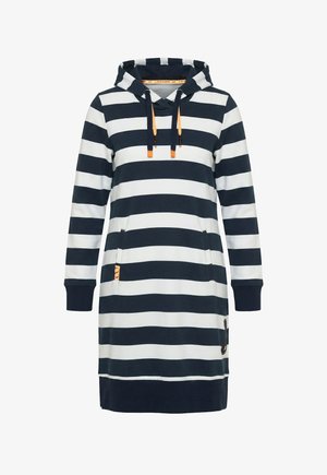 Długa bluza z kapturem w poziome paski w kolorze granatowym i białym, z przednią kieszenią, granatowymi mankietami i pomarańczowymi troczkami.