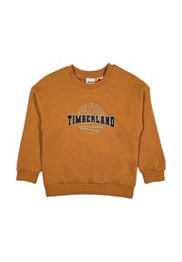 Oransje bomullssweatshirt med rund hals, lange ermer, ribbede mansjetter og "TIMBERLAND"-logo med tre-grafikk foran.