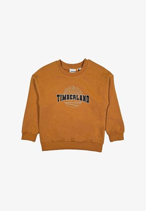 Narancssárga pamut pulóver, kerek nyakkivágással, hosszú ujjal, bordás mandzsettával és az elülső oldalon a "TIMBERLAND" logóval és fás grafikával.