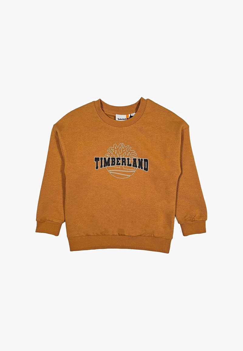 Narancssárga pamut pulóver, kerek nyakkivágással, hosszú ujjal, bordás mandzsettával és az elülső oldalon a "TIMBERLAND" logóval és fás grafikával.