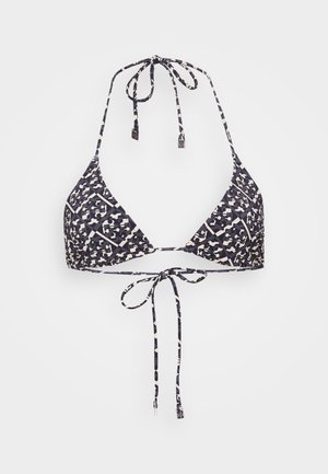 Top bikini a triangolo nero e beige con motivo geometrico, con allacciatura al collo e schiena regolabile con dettaglio a nodo.