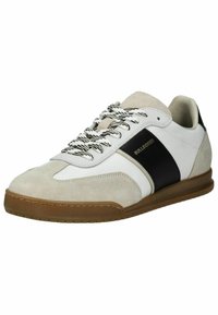 Semišové a kožené tenisky v bílé, černé a béžové barevné kombinaci. Obsahují texturované akcenty, vzorované šnůrky a gumovou podrážku.