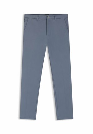Pantalones de hombre de corte ajustado, color azul claro, con bolsillos delanteros, trabillas para cinturón, cierre de botón y cremallera.