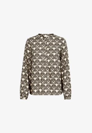 Krekls ar garām piedurknēm krēmkrāsā un melnā krāsā, ar sarežģītu abstraktu formu atkārtojošu rakstu, pogājamā priekšpusē un apaļu kakla izgriezumu.