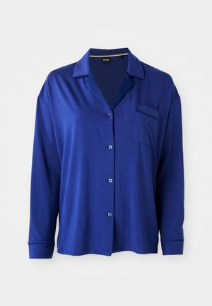 Blue long-sleeve shirt made from smooth fabric, featuring a notched collar, button-down front, single chest pocket, and buttoned cuffs.