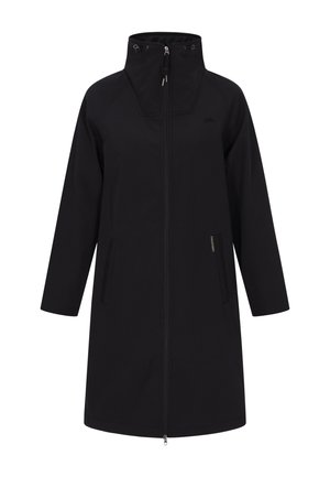 Palton lung negru cu guler înalt, închidere cu fermoar pe față și buzunare laterale. Fabricat dintr-un material neted, rezistent la apă, cu detalii cusute.
