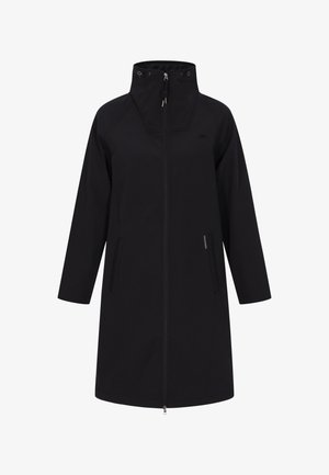 Abrigo largo negro con un alto cuello, cierre frontal con cremallera y bolsillos laterales. Fabricado con un material suave y resistente al agua, con detalles en las costuras.