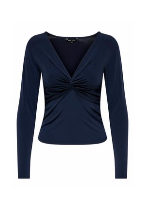 Haut à manches longues bleu marine avec un design avant torsadé, fabriqué en tissu doux et extensible. Caractérisé par un décolleté en V profond et une silhouette ajustée.