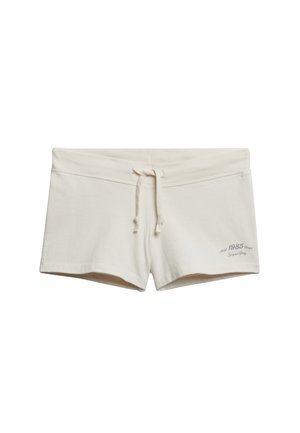 Pantalones cortos de algodón color hueso con cordón, cintura acanalada y pequeño estampado "1985 Superdry" en la parte inferior izquierda delantera.