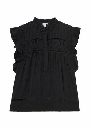 Sort ærmeløs bluse med flæseærmer, knaplukning foran, lægdetaljer og blondekanter.