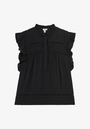 Schwarze ärmellose Bluse mit gerafften Schultern, durchgehender Knopfleiste, Biesen-Details und Spitzenbesatz.