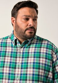 Uomo con capelli scuri e barba, che indossa una camicia a quadri verde, blu e bianca, che guarda di lato su uno sfondo neutro.
