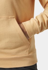 Pomarańczowa bawełniana bluza z kangurzą kieszenią, ściągaczami przy mankietach i dolnym brzegu, prezentująca miękką fakturę i swobodny styl.