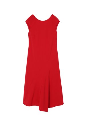 Rdeča obleka z zaokroženim izrezom in kratkimi rokavi. Prilegajoča se korzetna zgornji del in razširjen krilo z diagonalo šivno podrobnostjo. Gladka tekstura blaga.