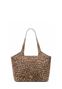 Torebka typu tote w wzór lamparta, wykonana z teksturowanej sztucznej skóry, z kwadratowym otworem i szerokimi paskami na ramię. Brązowa baza z czarnymi plamami.