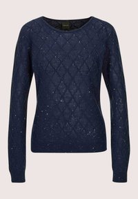 Marineblauer Pullover mit langen Ärmeln, einem Rautenmuster und dezenten schimmernden Fäden im Stoff.