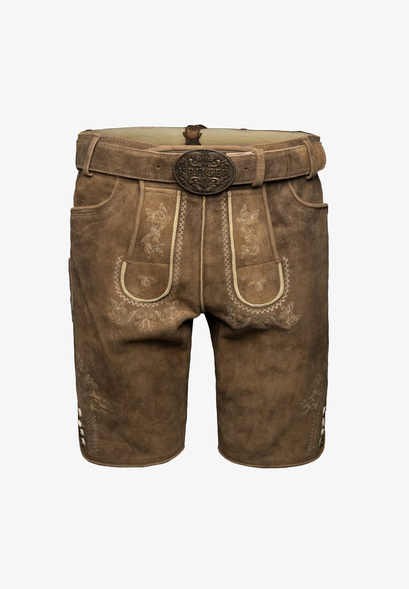 Braune Lederhorts mit filigraner Blumenstickerei und einer Metallschnalle mit "KRÜGER". Mit seitlichen Taschen und Knopfdetails.