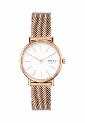 Reloj de pulsera Skagen Denmark en oro rosa con esfera blanca, marcadores de hora minimalistas y correa de malla metálica que marca las 10:10:09.