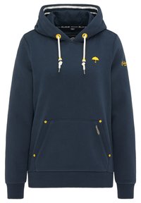 Felpa blu navy in misto cotone, con una grande tasca frontale, cappuccio con coulisse e dettagli gialli, e logo ombrello giallo.