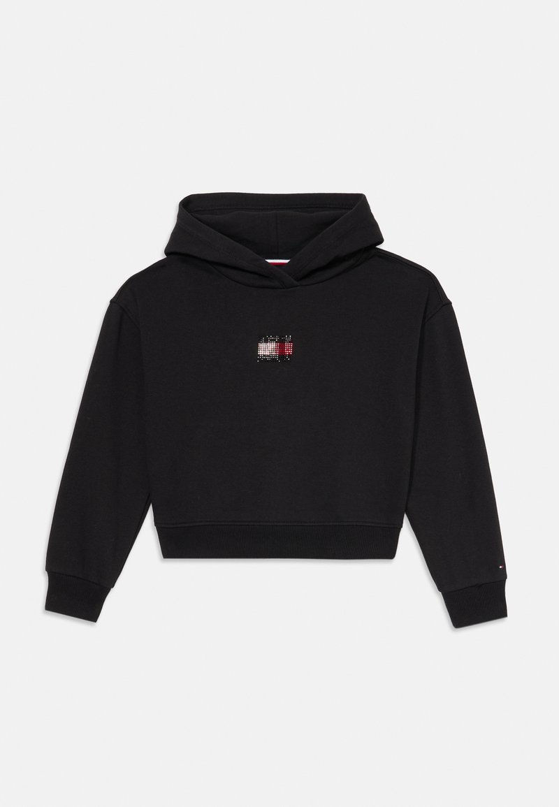 Μαύρο cropped hoodie από μαλακό ύφασμα. Διαθέτει μπροστά τσέπη και μικρό πολύχρωμο λογότυπο ραμμένο στο στήθος. Ραμμένες μανσέτες.