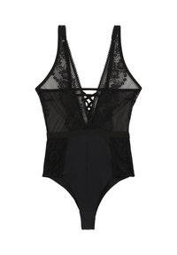 Bodysuit noir avec des panneaux en dentelle, un décolleté en V profond et un détail croisé au dos. Tissu doux avec une texture en dentelle florale sur les côtés et à l'avant.