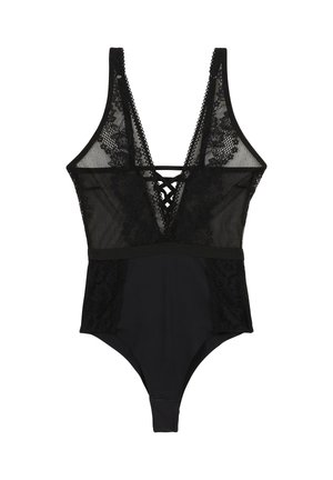 Bodysuit noir avec des panneaux en dentelle, un décolleté en V profond et un détail croisé au dos. Tissu doux avec une texture en dentelle florale sur les côtés et à l'avant.