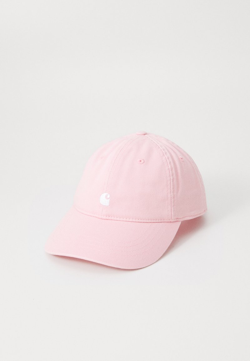 Rosa bomull baseballcap med buet skjerm, brodert logo foran, og ventilasjonsluker på toppen. Myk tekstur.