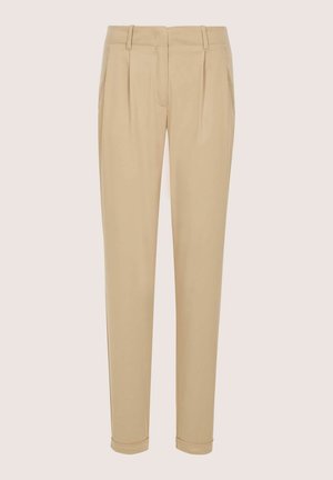 Beige, maßgeschneiderte Hose mit hoher Taille, plissiertem Vorderteil und umgeschlagenen Säumen. Hergestellt aus glattem Stoff, mit Gürtelschlaufen und Seitentaschen.