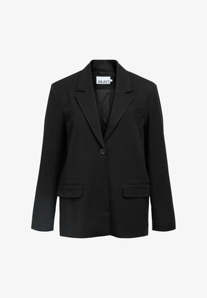 Sort enkeltknap blazer med revers, to frontlommer med klap og en brystlomme, mærket ".OBJECT" inden i kraven.