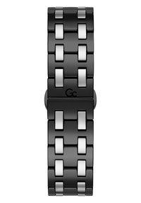 Correa de reloj de metal negro con eslabones entrelazados, presenta acentos plateados y un acabado mate. Logo en el centro, diseño elegante y rectangular.