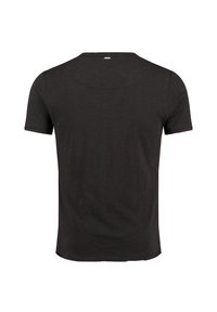 Zwart T-shirt met korte mouwen en een ronde hals, gemaakt van een lichte stof. Heeft een gladde textuur en een schone afwerking.