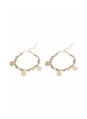 Gold-tone bracelets featuring textured circular pendants and round beads, woven fabric, and a chain clasp for adjustable length.