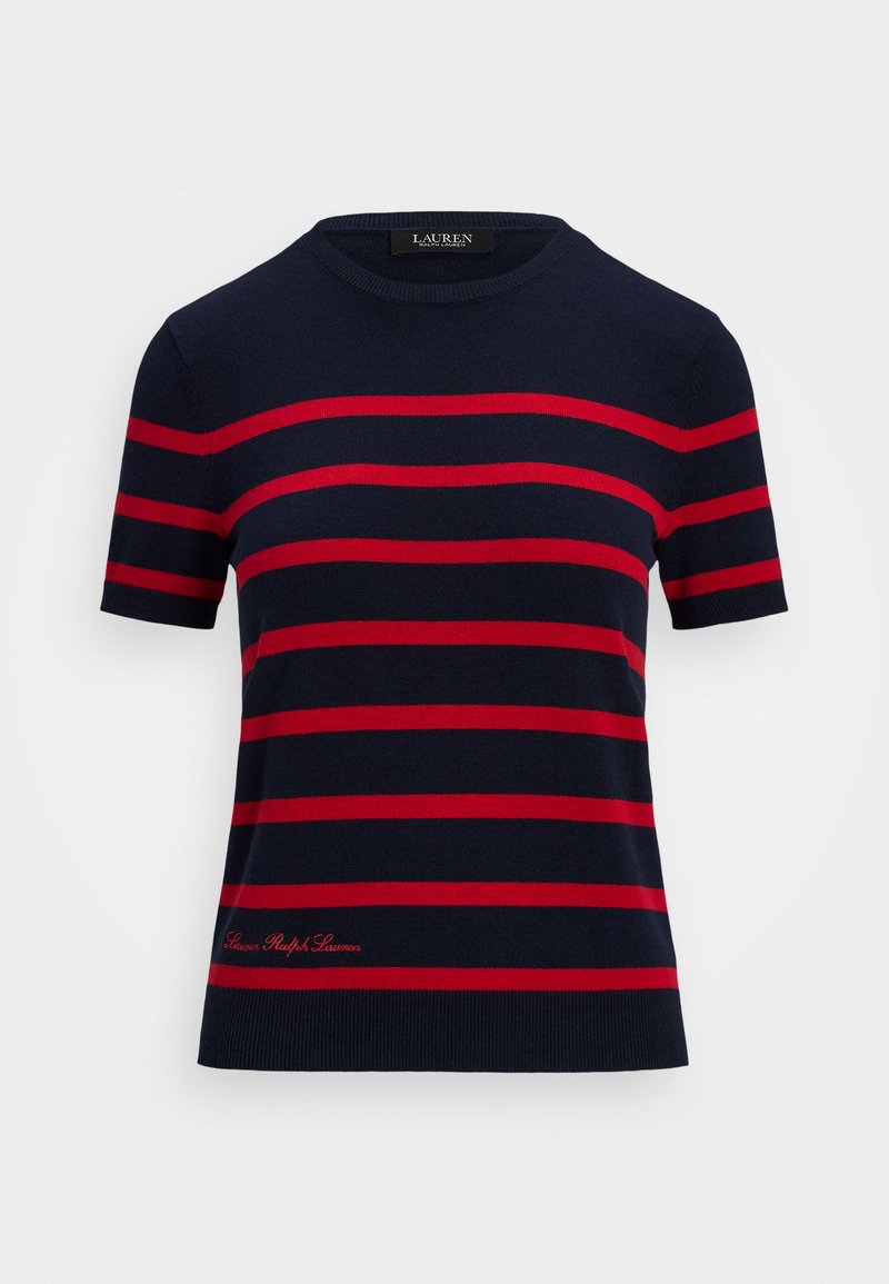Navy blue short-sleeve sweater with red horizontal stripes, ribbed neckline, and a small logo in red embroidery at the bottom left.