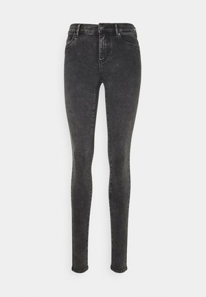 Schwarze, hoch taillierte Skinny-Jeans mit Knopf- und Reißverschluss, vorderen Taschen und schlanken, zulaufenden Beinen.