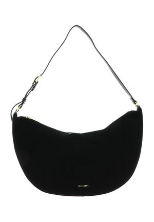 Sac d'épaule noir en forme de croissant avec bandoulière réglable, ferrures dorées et petit logo "Ted Baker" au centre en bas.