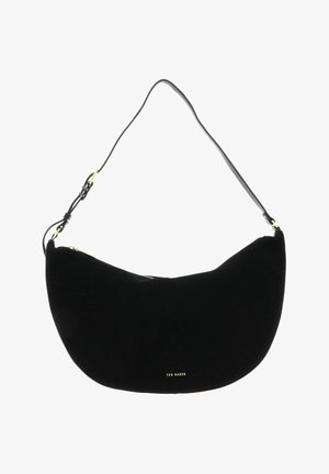 Sac d'épaule noir en forme de croissant avec bandoulière réglable, ferrures dorées et petit logo "Ted Baker" au centre en bas.