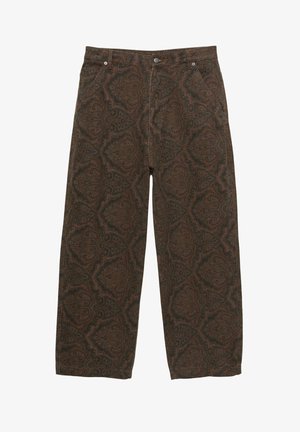 Braune gemusterte Hosen mit einem Paisleymuster, aus weichem Stoff gefertigt, mit lockerer Passform und normalem Bund mit Knopfverschluss.