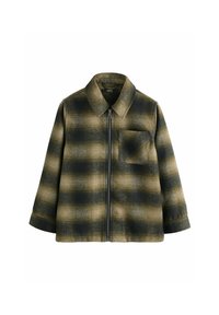 Grüne und schwarze Karojacke mit einem Reißverschluss vorne, Kragen und einer Brusttasche. Hergestellt aus einem strukturierten Stoff, mit langen Ärmeln und einem klaren Design.