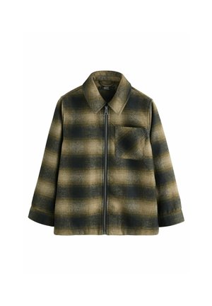 Olive green and black plaid zip-up jacket with collar and single chest pocket, long sleeves, and relaxed fit.